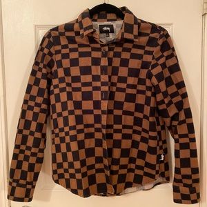Black and brown warped check button up shirt jacket!